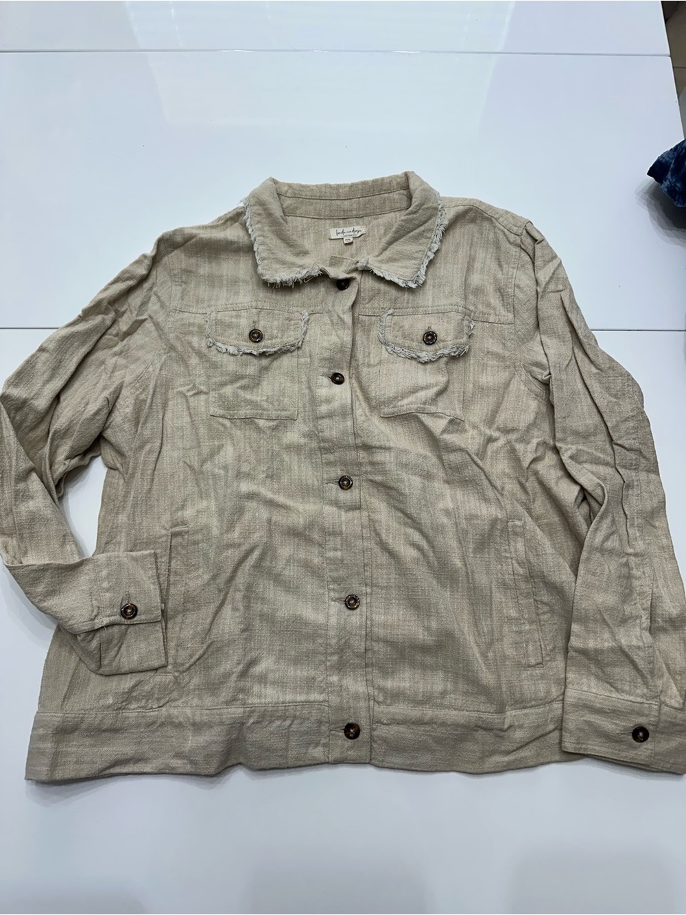 Linda Anderson Tan Utility Shacket Jacket Frayed Edge Boho Casual Size XXL